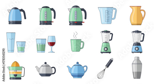 A diverse collection of kitchen appliances and drinkware essentials.