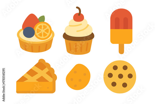 Assortment of sweet baked goods and frozen dessert icons