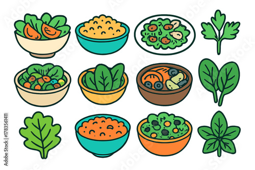 Assortment of healthy salad bowls and fresh leafy greens icons