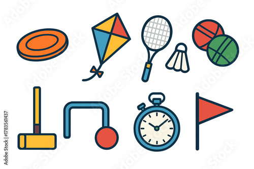 Set of colorful icons for outdoor recreation and sport equipment