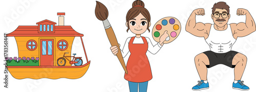 Cartoon houseboat, female artist, fitness man, vector illustration, creative lifestyle, whimsical characters, colorful drawing, children’s art, active living, artistic theme