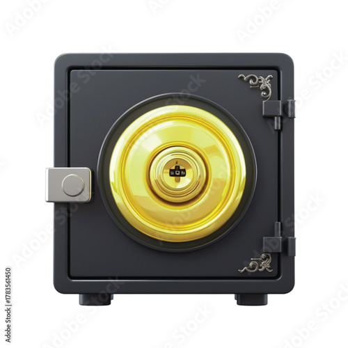 A 3D rendering of a black safe with a large, ornate golden dial and keyhole on its front.