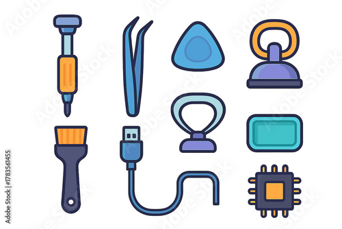 Set of electronic device repair and maintenance tool icons