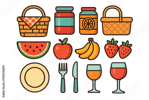 Assortment of picnic food and dining icons featuring baskets and fresh fruit