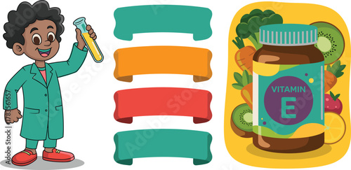 Cartoon child scientist, vitamin bottle, healthy food, ribbon banners, broccoli, kiwi, carrot, educational vector, nutrition concept, science experiment illustration