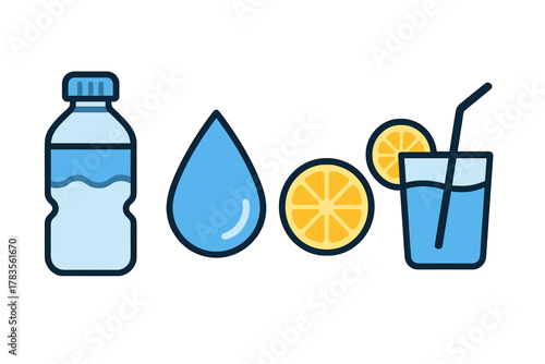 Hydration icons set featuring water bottle drop lemon slice and beverage glass