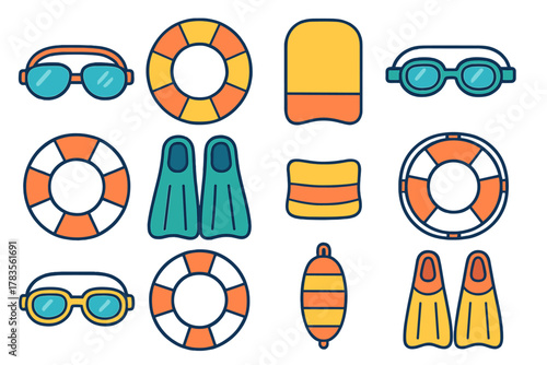 Colorful icons representing swimming and water sport equipment