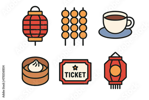 Set of Asian festival food and cultural decoration symbols