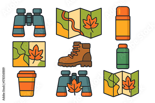 Set of stylized icons for autumn outdoor adventure and camping gear