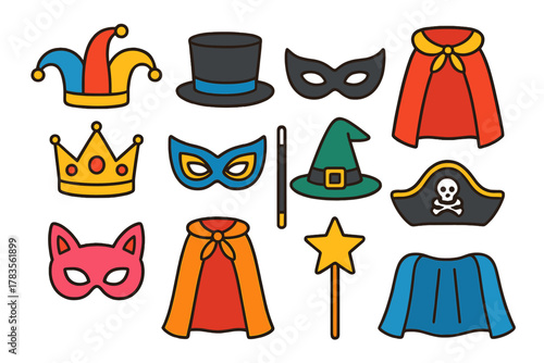 Colorful costume accessories and masquerade props icons for dress up themes