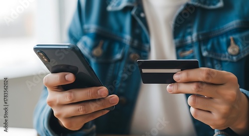 Person holding smartphone and credit card for online shopping