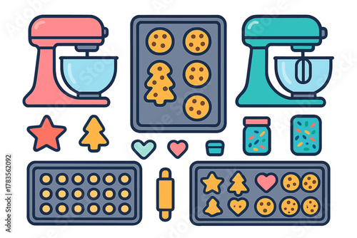 Colorful kitchen appliances and baking tools for making holiday cookies and sweet treats