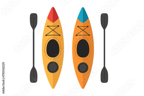 Two colorful recreational kayaks and paddles isolated on white background for outdoor summer activity