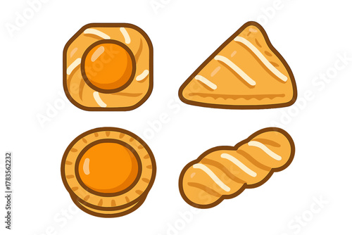 Sweet baked goods and pastries set with orange filling and white icing drizzle