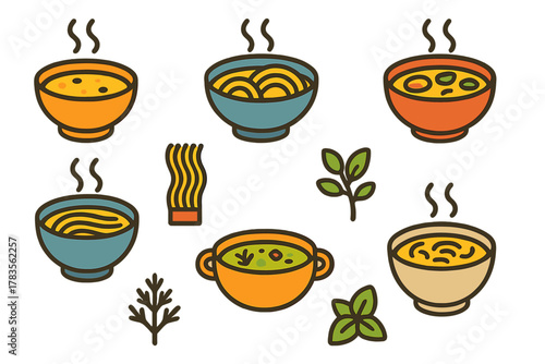 Colorful set of steaming soup bowls, ramen noodles, and aromatic cooking herbs
