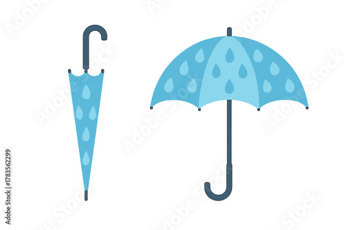 Blue umbrella set showing open and closed positions with raindrop pattern isolated on white background