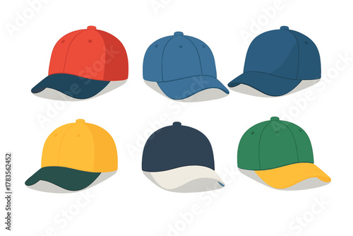 Collection of six colorful baseball caps with visors in various color combinations