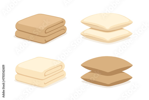 Cozy home textile collection featuring folded blankets and stacked sleeping pillows
