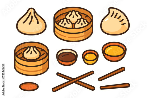 Steamed dumplings and dim sum items served in bamboo baskets with dipping bowls and chopsticks