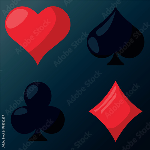 Poker cards, playing card icons on a blue-black background vector drawing. For playing cards, poker, and casinos.