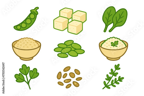 Healthy plant-based food icons set featuring peas, tofu, spinach, rice, and herbs