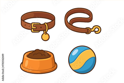Essential pet supplies collection featuring a leather collar, leash, food bowl, and colorful toy ball