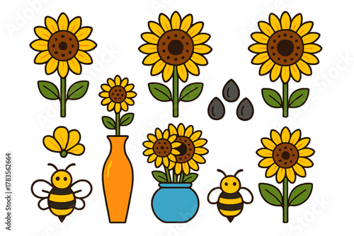 Cute cartoon sunflowers, yellow flowers in vases, flying bees, and sunflower seeds set