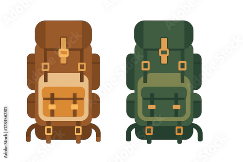 Pair of traditional hiking rucksacks in brown and green colors for travel and adventure