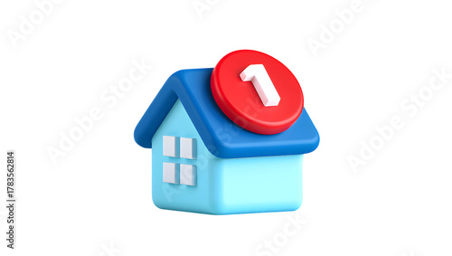 3d light blue house icon with a red circle notification badge showing the number 1 on a transparent background, symbolizing a new listing or alert