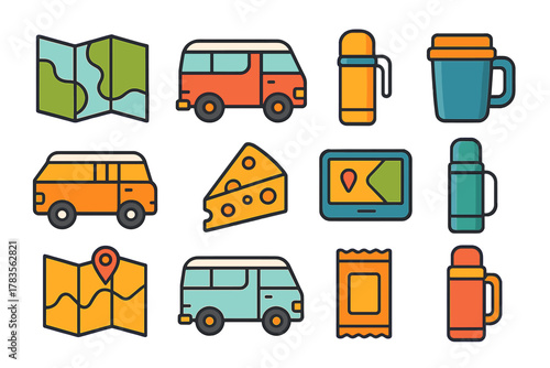 Colorful collection of road trip and camping essentials including maps, camper vans, and travel gear