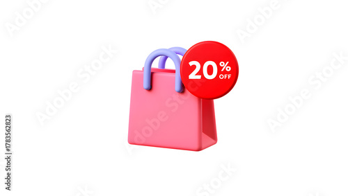 3d pink shopping bag icon with a red circle discount badge showing 20 off on a transparent background, representing a sale or offer