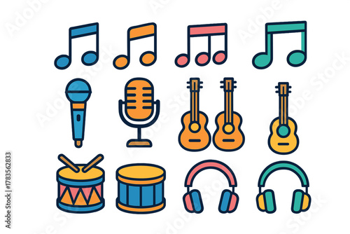 Vibrant collection of musical instruments and audio equipment featuring notes, microphones, guitars, drums, and headphones