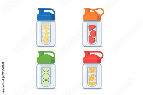 Four colorful reusable water bottles with fruit infusers containing fresh citrus, berries, and cucumber slices