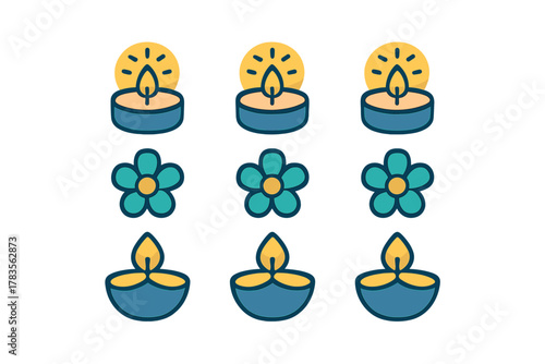 Colorful set of lit tealight candles, traditional Indian diyas, and stylized teal flowers