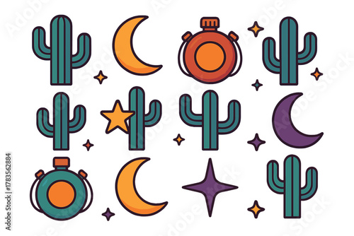 Colorful desert and western icons with saguaro cacti, crescent moons, stars, and canteens