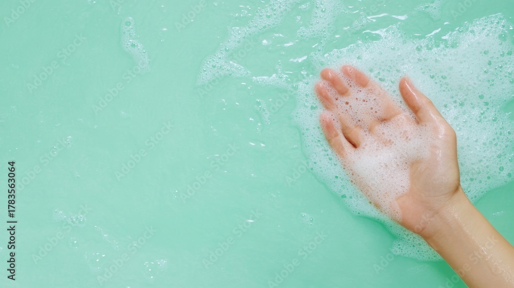 Fototapeta premium Relaxing Hand in Foamy Mint Green Bath Water