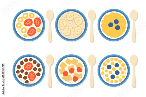 Collection of six healthy breakfast cereal bowls with milk, fruit, and grain toppings