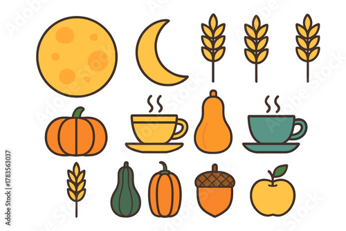 Colorful autumn harvest elements including pumpkins gourds wheat grains and hot beverage cups