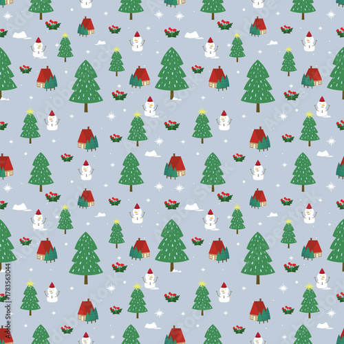 Cute flat Christmas pattern with snowman, pine trees and winter houses.