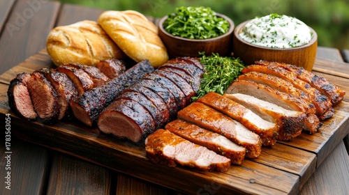 Rustic wooden table with assorted smoked meats garnished with fresh herbs and artisan bread for food presentation