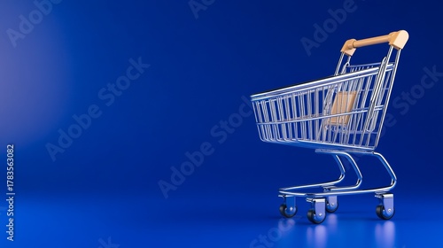 Retail Shopping Cart Isolated on Deep Blue Background with Copy Space