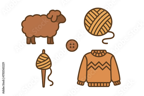 Collection of wool and knitting elements including sheep, yarn, spindle, button, and sweater