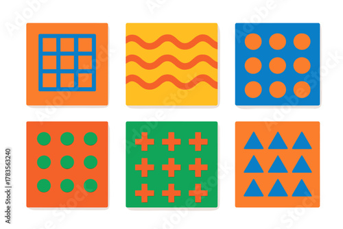 Brightly colored abstract geometric shapes and patterns arranged in a grid
