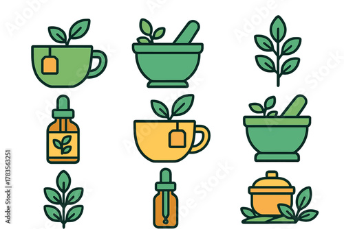 Herbal medicine and natural remedy icons set featuring tea cups, mortar, and dropper bottles