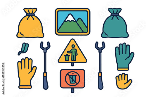 Set of icons representing essential tools and signage for environmental cleanup and waste disposal