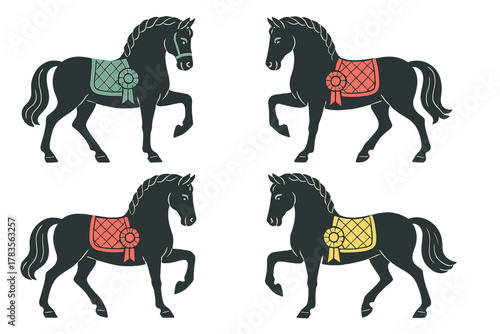 Stylized set of four dark horses wearing colorful quilted saddle blankets and award rosettes