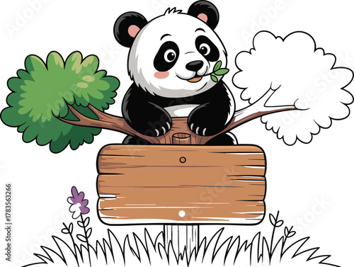 Cartoon panda in tree, leafy twig, wooden signboard, green foliage, cute animal character, nature scene, vector illustration, children’s design, playful wildlife art