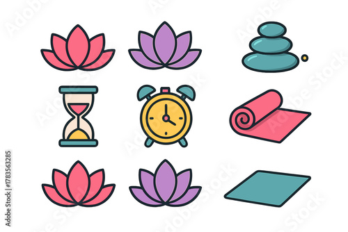 Set of wellness and meditation icons with lotus, spa stones, and yoga mats