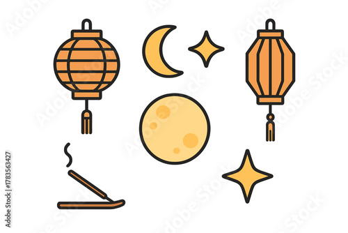 Traditional Asian festival elements: hanging lanterns, full moon, crescent, stars, and burning incense stick
