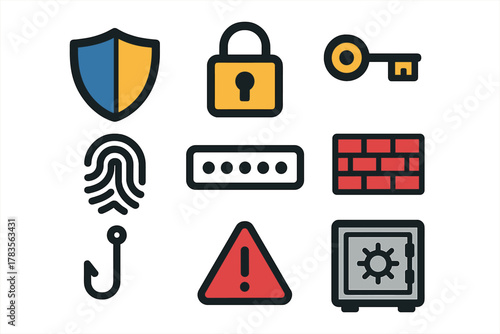 Cybersecurity and data protection symbols including shield, lock, key, fingerprint, and firewall
